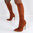 Botas de meia-panturrilha preta de camurça falsa de alta qualidade para mulheres, saltos finos, dedo apontado, zip, bombas de festa, sexy, moda primavera, tamanhos 35-43