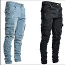 Novos calças de brim dos homens lavar cor sólida multi bolsos denim meados de cintura carga jeans plus size fahsion calças casuais masculino uso diário
