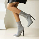 Botas de meia sexy para mulheres 12cm salto alto fino senhoras dedo do pé pontiagudo botas de tornozelo curto plus size 46 deslizamento-em sapatos de inverno botas mujer