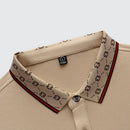 Camisa Polo Masculina Premium com Detalhes Listrados, Emblema Bordado, Tecido Respirável, Versátil para Trabalho e Ocasiões Casuais