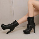 Plataforma botas curtas mulher outono e inverno 12cm salto alto cinto fivela tornozelo botas 2025 sola grossa sapatos de motocicleta tamanho 35-46