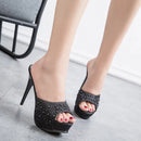 Chinelos de cristal para mulheres, nova plataforma fashion 12cm, saltos altos finos, slides de grife, sandálias de strass luxuosas, sapatos de verão 2022