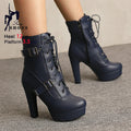 Plataforma botas curtas mulher outono e inverno 12cm salto alto cinto fivela tornozelo botas 2025 sola grossa sapatos de motocicleta tamanho 35-46