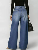 Calça Jeans Feminina Missuoo Azul Lavado de Cintura Alta com Ilhós Metálicos e Perna Larga 2026 - Calça Casual Solta Estilo Streetwear