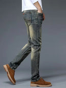 Calças Jeans Masculinas Retrô de Alta Qualidade com Corte Reto e Stretch, Moda Urbana Casual, Calças Longas de Algodão para P...