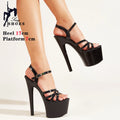 Sandálias Stiletto de plataforma aberta para mulheres, salto alto de banda estreita, sapatos stripper de festa, fivela, pole dancing, verão, 17cm