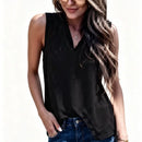 Blusa Feminina Casual de Verão com Decote V, Sem Mangas, Cor Sólida, Detalhe Plissado e Caimento Solto para o Dia a Dia