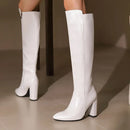 Botas de couro na altura do joelho com zíper para mulheres, sapatos pontiagudos, salto robusto, 9cm, inverno, ao ar livre, sexy, tamanho grande 44, 45, 46