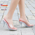 Tamanho 35-45 chinelos de pvc transparente senhoras 9cm salto alto fino mules verão ao ar livre sexy sapatos femininos moda sandálias de dedo do pé quadrado