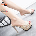 Chinelos de cristal para mulheres, nova plataforma fashion 12cm, saltos altos finos, slides de grife, sandálias de strass luxuosas, sapatos de verão 2022