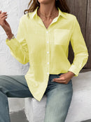 Camisa Feminina Casual de Algodão Puro com Pregas e Mangas Longas
