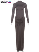 Estranho gato hipster vestido ruched feminino o-pescoço manga cheia magro estiramento robe outono tendência simples clássico pregas longo bodycon