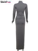 Estranho gato hipster vestido ruched feminino o-pescoço manga cheia magro estiramento robe outono tendência simples clássico pregas longo bodycon