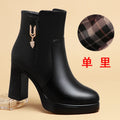 Sapatos de plataforma de lã quente para mulheres, botas de couro curtas impermeáveis, salto alto super, tornozelo preto, luxo, outono, inverno