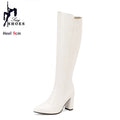 Botas de couro na altura do joelho com zíper para mulheres, sapatos pontiagudos, salto robusto, 9cm, inverno, ao ar livre, sexy, tamanho grande 44, 45, 46