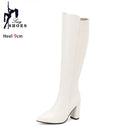 Botas de couro na altura do joelho com zíper para mulheres, sapatos pontiagudos, salto robusto, 9cm, inverno, ao ar livre, sexy, tamanho grande 44, 45, 46