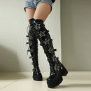 Outono inverno preto feminino acima do joelho botas altas saltos grossos 10.5cm plataforma 5cm estrela fivela rendas até zíper lateral botas longas