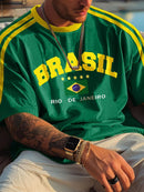 Camiseta Masculina Estampada com a Bandeira do Brasil 2026, Gola Redonda, Manga Curta, Estilo Retrô Casual, Oversized, Malha Solta