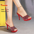 Chinelos femininos de verão, 10.5cm, plataforma antiderrapante, lantejoulas, sapatos de salto alto para mulheres, sandálias vermelhas de luxo
