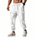 2026 novas calças masculinas casuais multi-bolso masculino capa fechada amarrada algodão e linho leggings de perna reta masculino