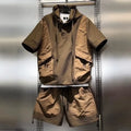 Moda workwear respirável de secagem rápida terno esportivo masculino texturizado casual com capuz shorts de manga curta conjunto de duas peças