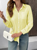 Camisa Feminina Casual de Algodão Puro com Pregas e Mangas Longas