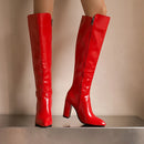 Botas de couro na altura do joelho com zíper para mulheres, sapatos pontiagudos, salto robusto, 9cm, inverno, ao ar livre, sexy, tamanho grande 44, 45, 46