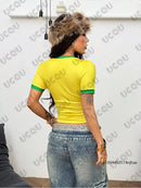 Camiseta Feminina Nova Coleção Verão 2026 com Estampa Brasil, Estilo Estético com Letras Anos 90, Top Cropped de Manga Curta, Casual Streetwear, Camiseta Vintage Y2K