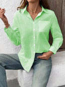 Camisa Feminina Casual de Algodão Puro com Pregas e Mangas Longas