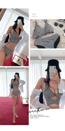 Biquíni Feminino de Cintura Alta Sensual com Efeito Modelador, Xadrez Franzido, Peças Separadas, Térmico, para Férias e Resort