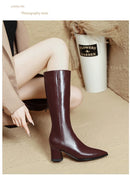 2025 novo outono inverno quente senhora sapatos confortáveis salto grosso apontou toe cor sólida jackboot salto alto feminino joelho-botas altas