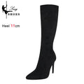 Botas de meia-panturrilha preta de camurça falsa de alta qualidade para mulheres, saltos finos, dedo apontado, zip, bombas de festa, sexy, moda primavera, tamanhos 35-43