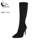 Botas de meia-panturrilha preta de camurça falsa de alta qualidade para mulheres, saltos finos, dedo apontado, zip, bombas de festa, sexy, moda primavera, tamanhos 35-43