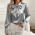 Moda manga longa camisa de seda feminina moda primavera outono nova blusa de cetim feminino arco escritório topos pulôver