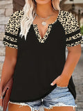 Camiseta feminina casual plus size com estampa floral de leopardo e manga curta |   Top de verão grande