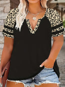 Camiseta feminina casual plus size com estampa floral de leopardo e manga curta |   Top de verão grande