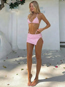Maiô Feminino com Estampa de Poá Rosa, Conjunto de 3 Peças com Sutiãs e Saias Divididas, Moda Praia
