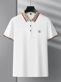 Camisa Polo Masculina Premium com Detalhes Listrados, Emblema Bordado, Tecido Respirável, Versátil para Trabalho e Ocasiões Casuais