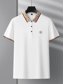 Camisa Polo Masculina Premium com Detalhes Listrados, Emblema Bordado, Tecido Respirável, Versátil para Trabalho e Ocasiões Casuais