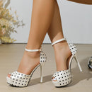 Novas Sandálias Femininas Vintage de Salto Alto Grosso de 12,5 CM com Tira no Tornozelo, Salto Fino, Peep-toe, Vazadas, para Banquete