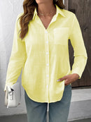 Camisa Feminina Casual de Algodão Puro com Pregas e Mangas Longas