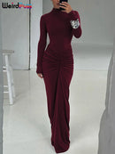 Estranho gato hipster vestido ruched feminino o-pescoço manga cheia magro estiramento robe outono tendência simples clássico pregas longo bodycon
