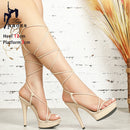 Sexy rendas até pólo sapatos de dança moda banda estreita modelo de verão salto alto plataformas grossas 13cm 15cm clube festa sandálias para mulher