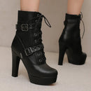 Plataforma botas curtas mulher outono e inverno 12cm salto alto cinto fivela tornozelo botas 2025 sola grossa sapatos de motocicleta tamanho 35-46