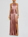Vestido Midi Sem Costas com Fenda, Decote com Cinto, Sem Mangas, Formal, em Tecido de Poliéster, Saia Franzida, Cintura Média...