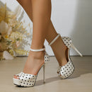 Novas Sandálias Femininas Vintage de Salto Alto Grosso de 12,5 CM com Tira no Tornozelo, Salto Fino, Peep-toe, Vazadas, para Banquete