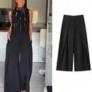Calças Femininas Casuais Chiques de Perna Larga Vintage para Escritório com Cintura Alta, Bolsos e Pregas, Calças Longas Primavera Verão 2026 Estilo Streetwear
