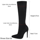 Botas de meia-panturrilha preta de camurça falsa de alta qualidade para mulheres, saltos finos, dedo apontado, zip, bombas de festa, sexy, moda primavera, tamanhos 35-43