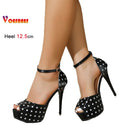 Novas Sandálias Femininas Vintage de Salto Alto Grosso de 12,5 CM com Tira no Tornozelo, Salto Fino, Peep-toe, Vazadas, para Banquete