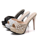 Chinelos de cristal para mulheres, nova plataforma fashion 12cm, saltos altos finos, slides de grife, sandálias de strass luxuosas, sapatos de verão 2022